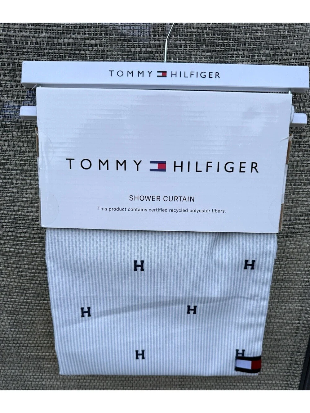 Tommy Hilfiger University Stripe Blue White Oxford Fabric Shower Curtain 72